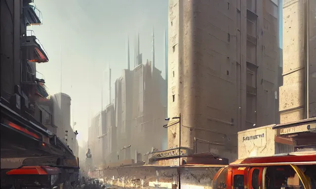 Prompt: A sci-fi digital concept art painting of a street-level view of a utopic art deco city, by greg rutkowski, trending on artstation, highly detailed, matte painting