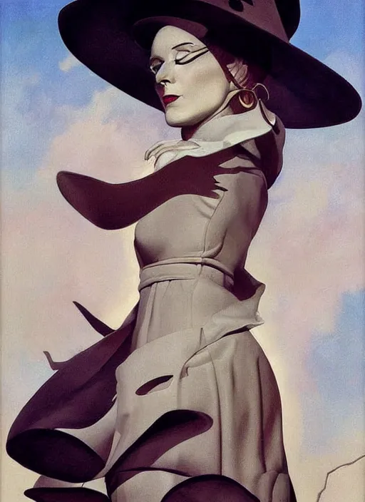 Image similar to surrealism, abstract, witch, portrait, close - up, make up, full big moon, painting by leyendecker, soft light