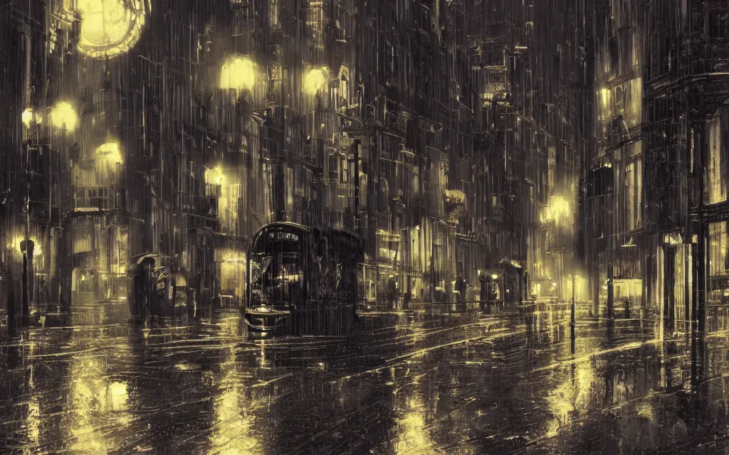 Image similar to concept art, wet london street at night by roger deakins, in the style of syd mead and liam wong