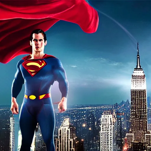 Prompt: Incredible cinematic realistic image of Henry Cavill dressing up the cape as Superman at top of empire state fighting a giant kaiju, destruction over new york, hyper real, intrincate, cinematic global ilumination, dawn, lens flare