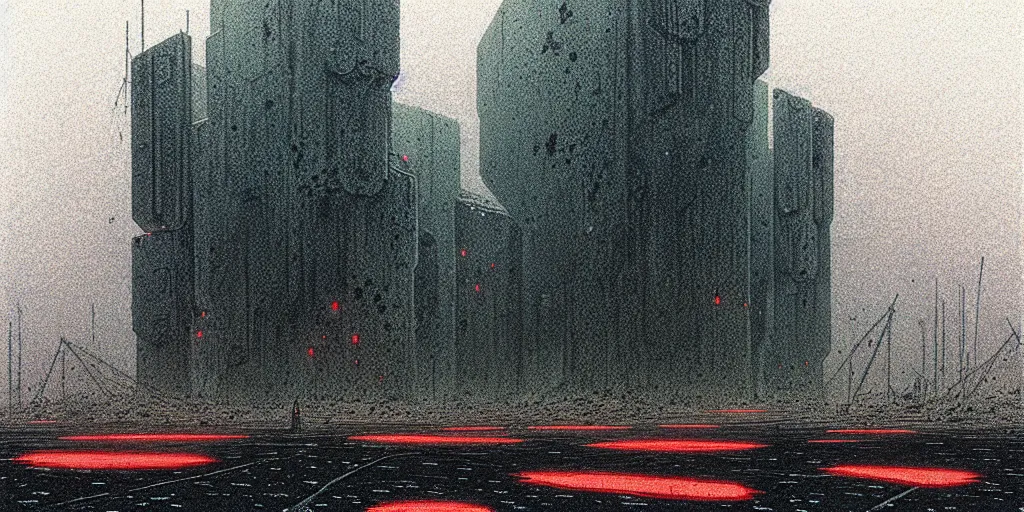 Image similar to grainy risograph matte painting of gigantic huge mech covered with wounds, black, pastel matte colors, staying in the foggy huge parking station, by moebius, hyperrealism, intricate detailed