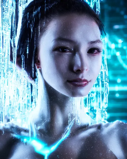 Image similar to portrait photo of female dancer as a cyberpunk mecha humanoid robotic head shoulder parts with straight bright led lights, under a waterfall, ultra - realistic and detailed, 8 k