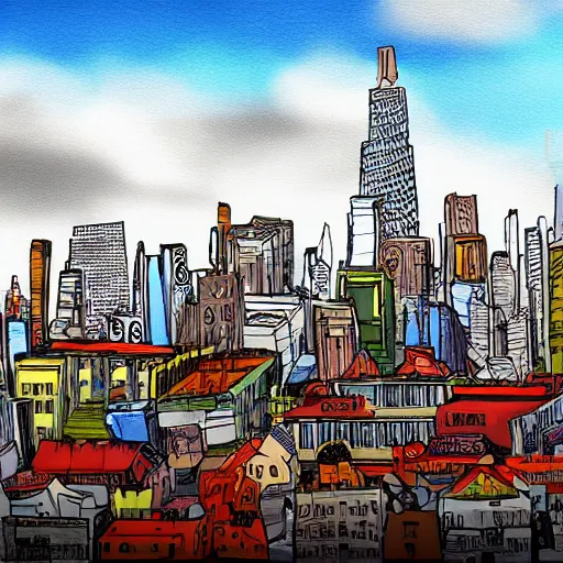 Image similar to City, Landscape, Style of Arcane, Digitally hand-painted, colour