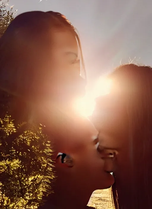 Prompt: film still of kylie Jenner making out with kim kardashian, scenic mountain backround, lens flare, cinematic