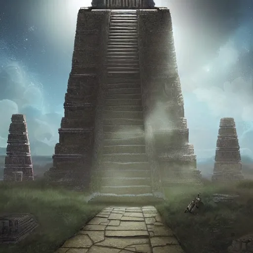 Prompt: distant spacecraft approaching an ancient Aztec temple. epic sci-fi fantasy artwork by Sylvain Lorgeou. Trending on artstation