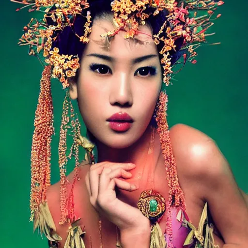 Image similar to photography of the asian queen sitting in the flower thorn, beautiful face, masterpiece costume, jewellery, high quality, elegant, emotionally touching, cool, deep gaze, mystery, tenderness, david lachapelle style