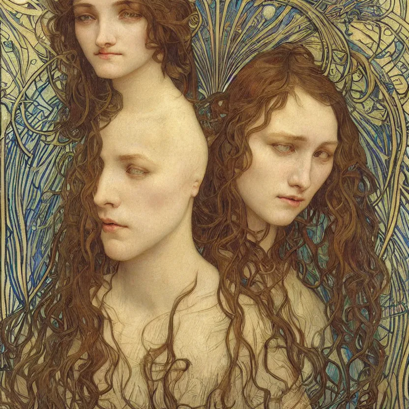 Image similar to detailed realistic beautiful young medieval queen face portrait by jean delville, alphonse mucha, vincent van gogh, and marco mazzoni, art nouveau, symbolist, visionary, gothic, pre - raphaelite