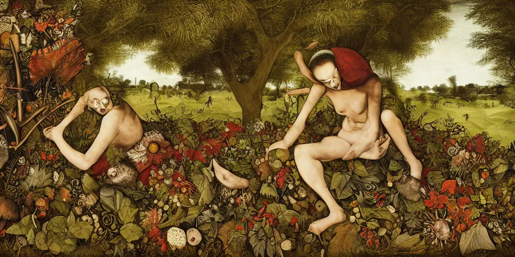 Image similar to portrait of a teenage punk zombie dissolving in a field of foliage, botanicals, fruit and feathers, highly detailed, vivid color, chiarascuro lighting, fantasy art, in the style of pieter bruegel, cartoonish, whimsical