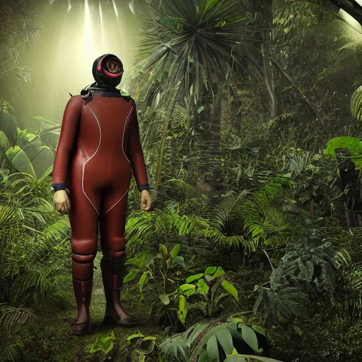 Prompt: a man wearing a 1 9 0 0 diving suit, walking through a lush jungle, realistic octane render, ray traced, god rays, extremely high detail