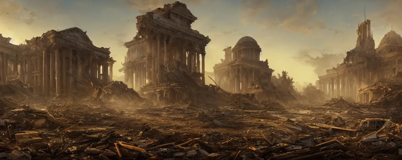 Prompt: A beautiful hyper realistic detailed matte painting of the destroyed Capitolium|post-apocalyptic landscape at sunrise| a lot of debris and small bushes and trees on fire|by John Howe and Andreas Rocha and Martin Johnson Heade and Albert Bierstadt, Fallout style|unreal engine, trending on artstation, golden ratio, rectilinear