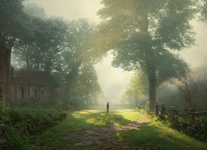 Prompt: old apple garden, pathway, statue, concept art, unreal engine 5, early morning lighting, matte painting, misty background, artstation, masterpiece, caspar friedrich, wlop, kinkade