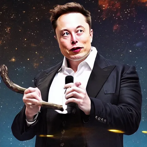 Image similar to Elon Musk wearing a wizard outfit and holding a magic staff, highly detailed, high quality, HD, 4k, 8k, Canon 300mm, professional photographer, 40mp, lifelike, top-rated, award winning, realistic, sharp, no blur, edited, corrected, trending