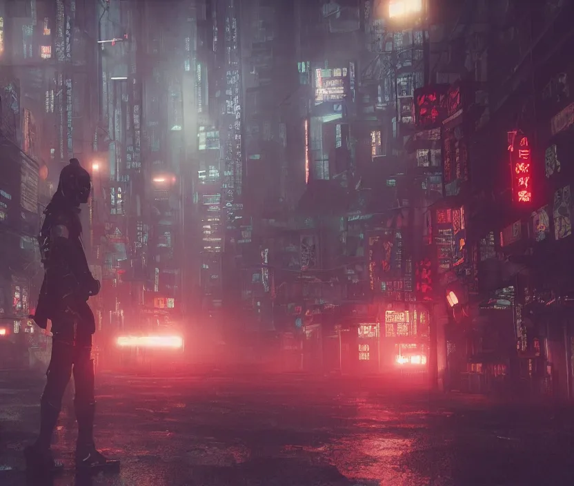 Prompt: 'a samurai in night city cyberpunk thematic , gloomy and foggy atmosphere, octane render, artstation trending, horror scene, highly detailded'