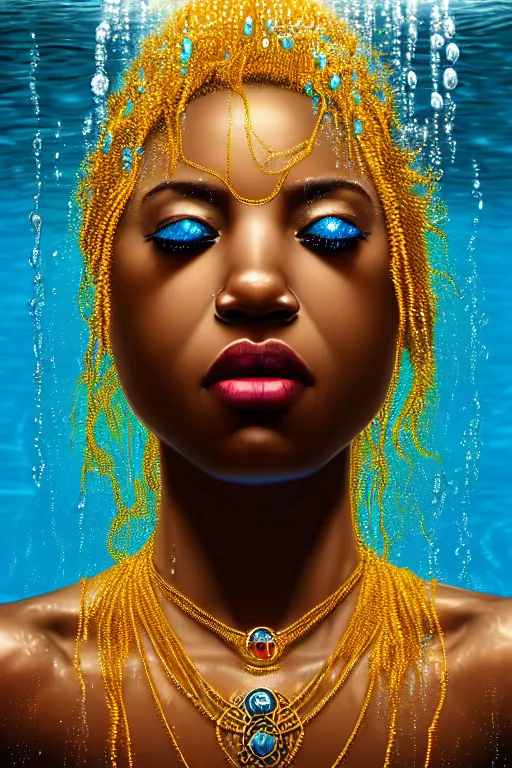 Image similar to hyperrealistic cinematic super expressive! oshun goddess immersed in water!, droplets dripping, gold ornate body jewely, highly detailed face, digital art masterpiece, smooth eric zener cam de leon, dramatic pearlescent turquoise light on one side, low angle uhd 8 k, shallow depth of field