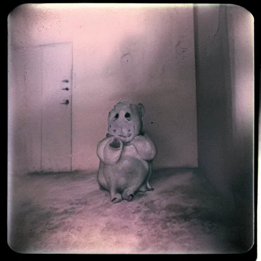 Prompt: ghostly human pig chimera, megalophobia, expired film, old polaroid,