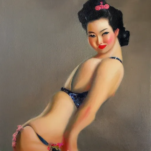 Prompt: sonora sno wong as a glamorous pinup model, oil painting