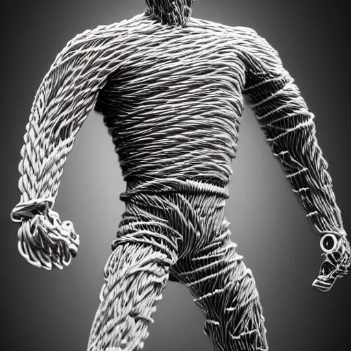 Image similar to a man made out of usb cables, full body shot, realistic shot, intricate details, ultra - realistic, atmospheric shot, expressive, artistic, trending on artstation, 4 k.