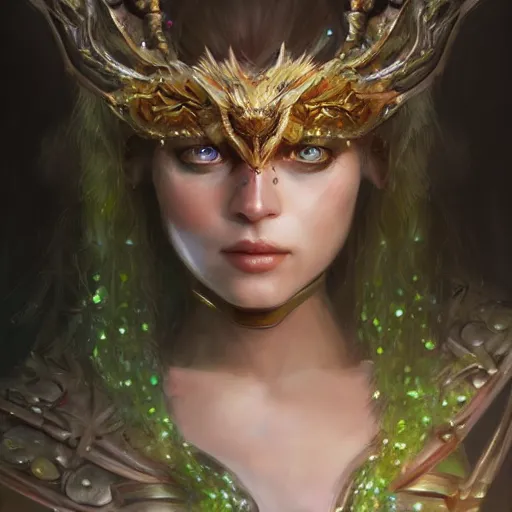 Image similar to character concept art, portrait of fantasy female warrior, beautiful facem shining eyes, crystals, covered in plants, realistic oil painting, dramatic, cinematic light, trending on artstation, highly detailed