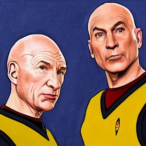 Prompt: jean luc picard and q hosting a podcast, intricate, highly detailed, digital painting