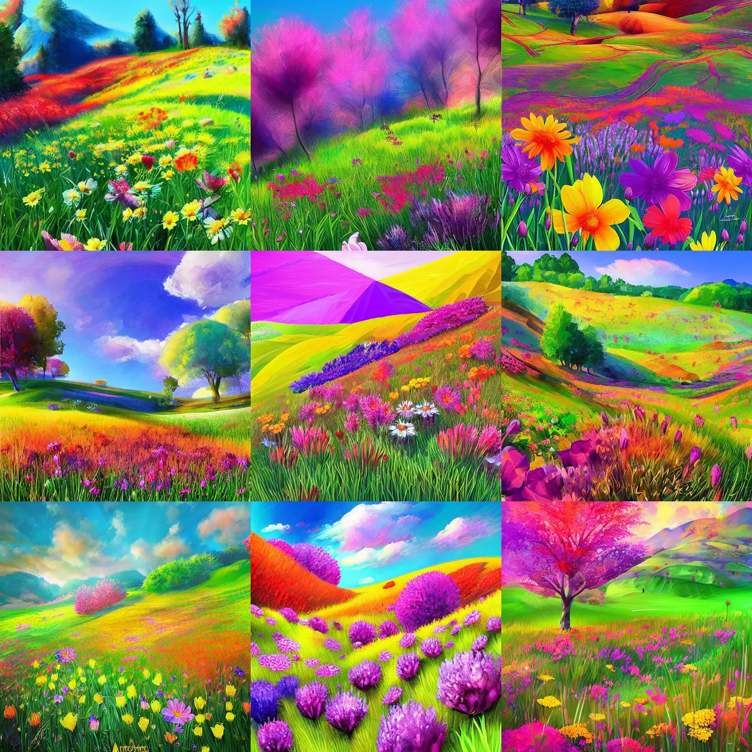 Prompt: meadow with flowers, hill with trees, spring, colorful, bright, cubism, digital art, by artgerm