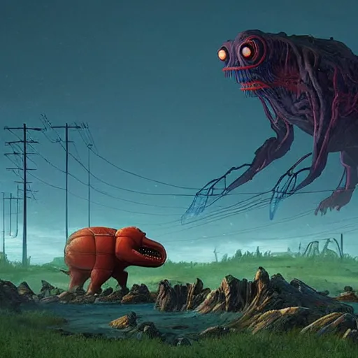 Prompt: giant creature lurking over a cowering smaller creature, in the foreground a small town, epic science fiction horror by Simon Stalenhag and Mark Brooks, extremely detailed