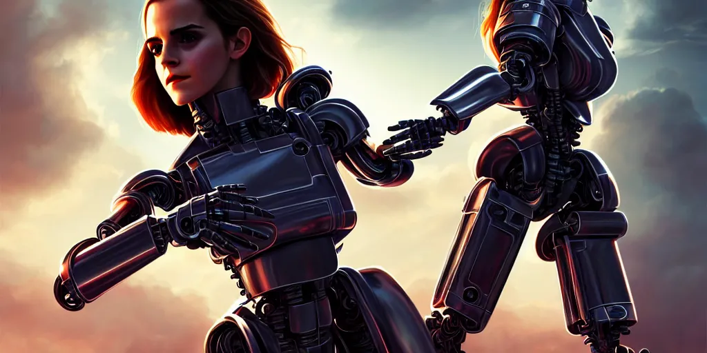 Image similar to emma watson, chrome robot, matte oil painting, retrofuturistic, colorful, concept art, science fantasy, rpg, epic, dungeons & dragons, sharp focus, award - winning, extremely detailed, 4 k, 8 k