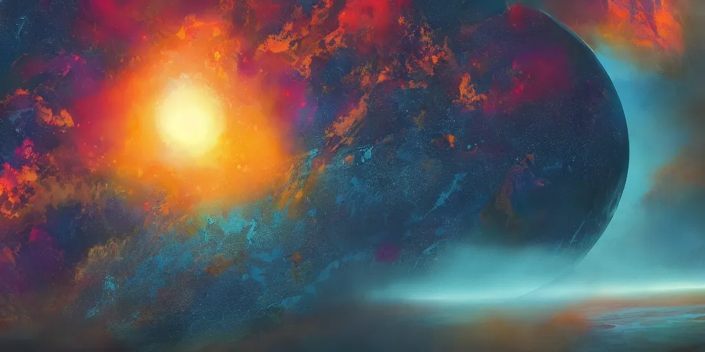 Image similar to a detailed matte painting of a marble - like water planet with continents orbiting a yellow sun in a sea of stars surrounded by colorful swirling gas clouds, by petros afshar, marc simonetti and alena aenami, trending on artstation, deviantart, planet, earth, exoplanet, stars, hubble, 8 k, 4 k