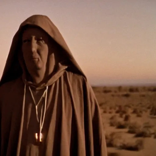 Prompt: a man wearing a long cloak and hood, in the desert, film still, panavision panaflex