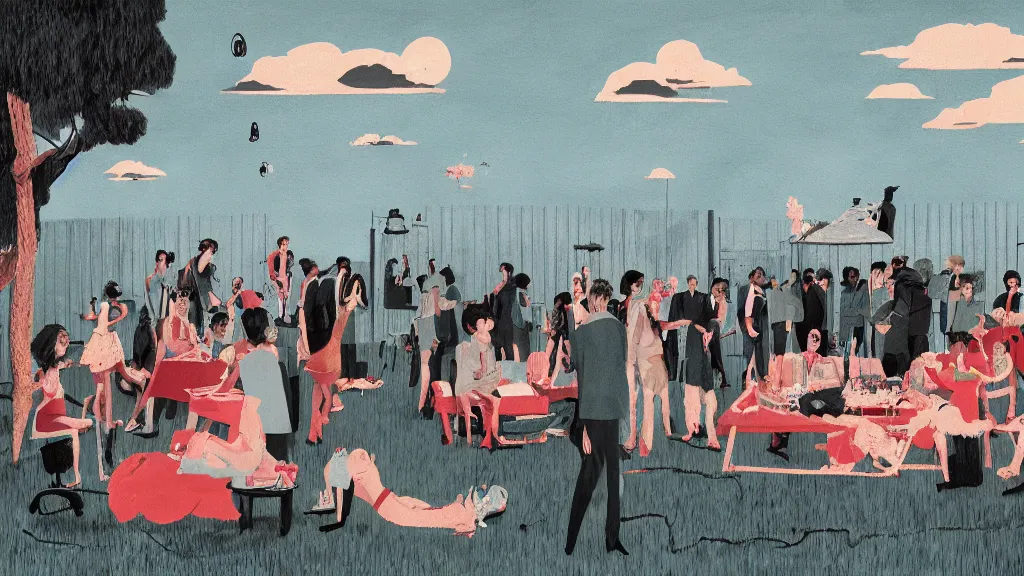 Prompt: An outdoor party, in the style of David Lynch, by Wes Anderson, concept art, artstation