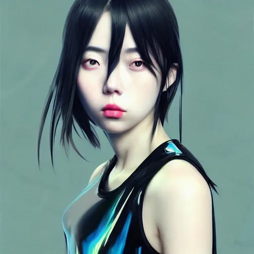 Image similar to a beautiful young korean kpop star billie eilish lucy liu alluring instagram model in elaborate latex tank top, jrpg tank top made from latex demon faces, by guweiz and wlop and ilya kuvshinov and artgerm and, aesthetic, gorgeous, stunning, alluring, attractive, artstation, deviantart, pinterest, digital art