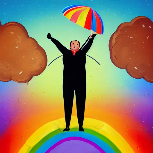 Image similar to complex illustration of a excessively rotund man juggling twinkies, cycling upon a tight rope in the rain, holding a rainbow umbrella, oil painting, knife palette, with a jolly expression, misty, cobblestone background