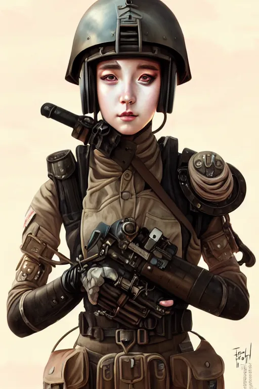 Image similar to portrait of dieselpunk blackpink jisoo soldier girl, helmet, desert, armored, highly detailed, digital painting, face detail, sharp focus, art, illustrations by loish and ayanamikodon and irakli nadar and rossdraws and wlop