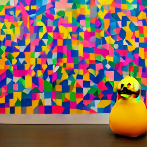 Image similar to one hyper real rubber duck on a pedestal in an art gallery, the walls are covered with colorful geometric wall paintings in the style of sol lewitt.