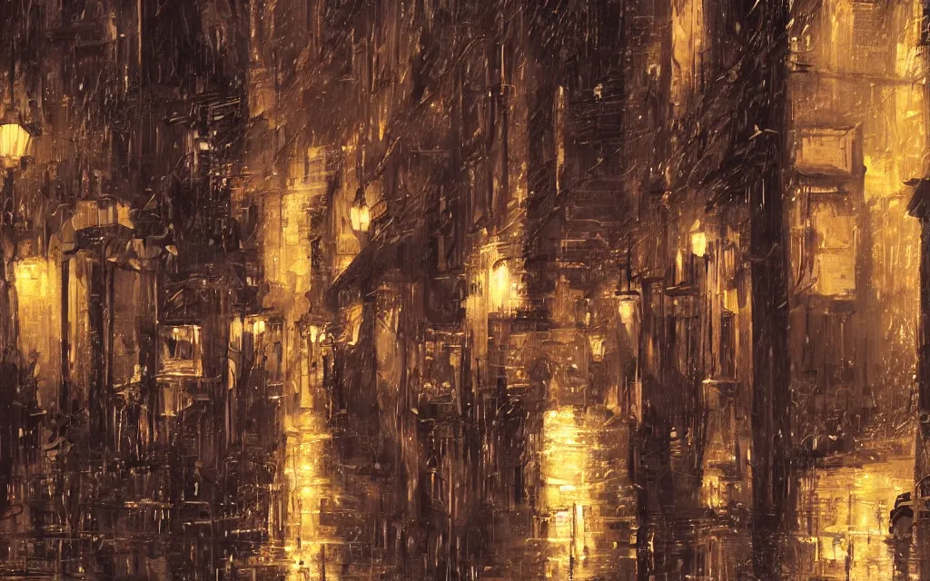 Image similar to concept art, dark wet london alley at night, by ashley wood, by roger deakins, in the style of syd mead atmospheric