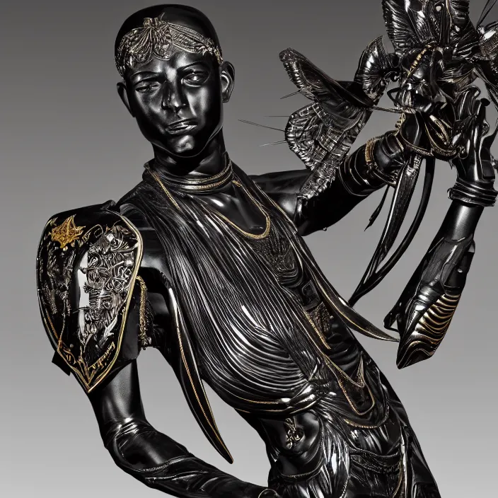 Prompt: fine art statue of black egyptian man on a surrealist motorbike, ebony art deco, carved black marble, inlaid with ebony and gold accents, ebony rococo, wings black lace wear, spider zero, zaha hadid, beautifully lit, hyper detailed, intricate, elite, ornate, photorealistic, micro details, 3 d sculpture, ray trace