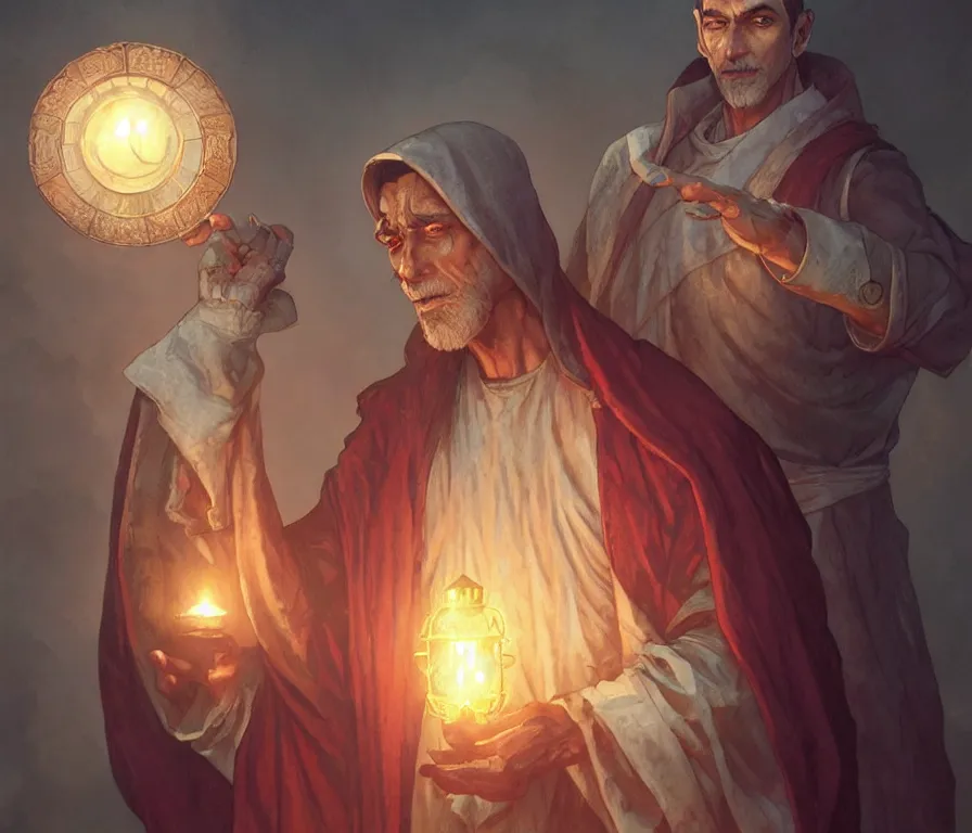 Image similar to male senior cleric holding a lantern surrounded by zombies, highly detailed, digital painting, artstation, concept art, smooth, sharp focus, illustration, art by artgerm and greg rutkowski and alphonse mucha and andrei riabovitchev