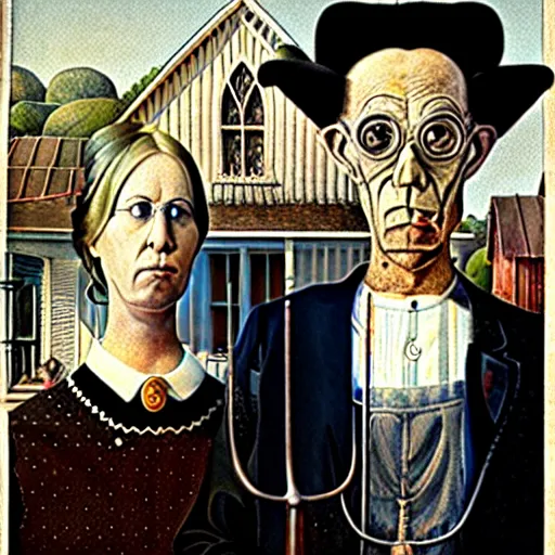 Prompt: American Gothic reimagined as plague doctors