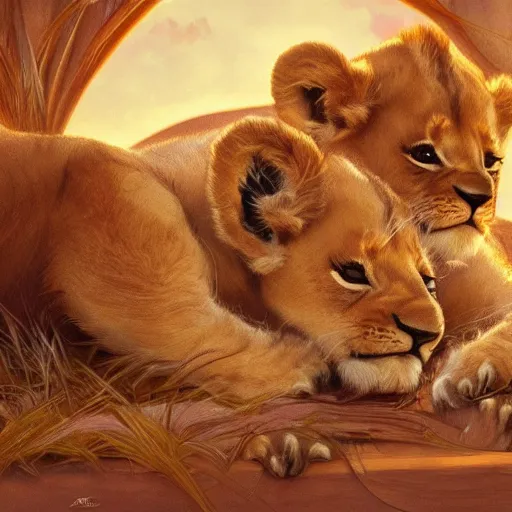 Image similar to two adorable lion cubs cuddling with each other, golden hour, elegant, close up, art by artgerm and greg rutkowski and alphonse mucha, 8k UHD