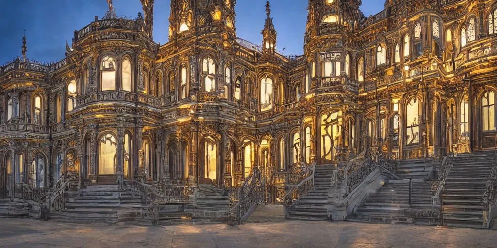 Image similar to extremely detailed ornate stunning sophisticated beautiful elegant victorian museum exterior by Henry Young Darracott Scott and Francis Fowke, stunning volumetric light, stainless steal, concrete, translucent material, beautiful sunset, tail lights