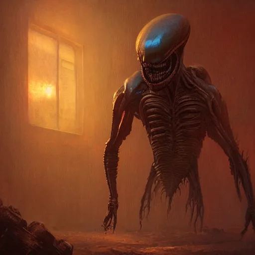 Prompt: xenomorph, dramatic lighting, interior background, artstation, by greg rutkowski, by beksinski, a realism masterpiece