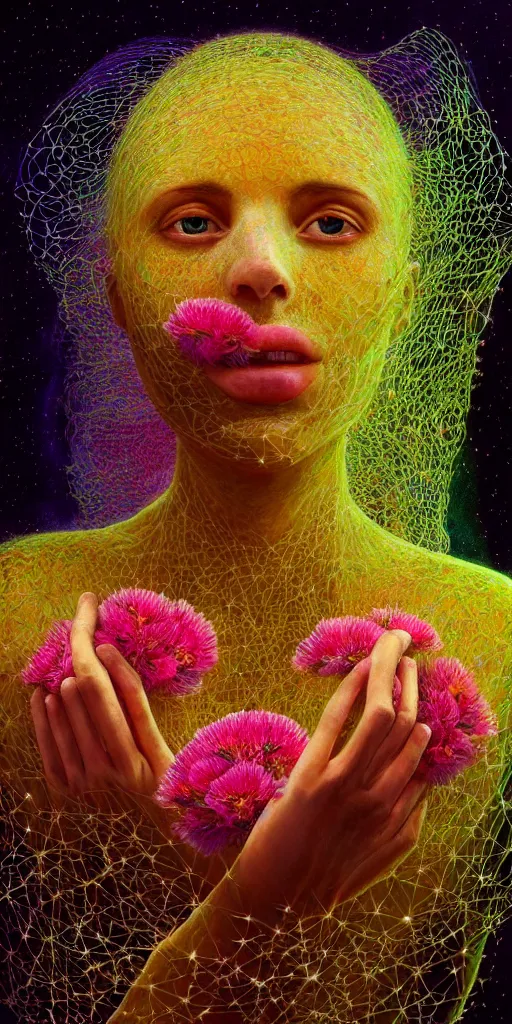 Image similar to hyper detailed 3d render like a Oil painting - portrait of Aurora (Singer) seen Eating of the Strangling network of yellowcake aerochrome and milky Fruit that covers her body and Her delicate Hands hold of gossamer polyp blossoms bring iridescent fungal flowers whose spores black the foolish stars by Jacek Yerka, Mariusz Lewandowski, Houdini algorithmic generative render, Abstract brush strokes, Masterpiece, Edward Hopper and James Gilleard, Zdzislaw Beksinski, Mark Ryden, Wolfgang Lettl, hints of Yayoi Kasuma, octane render, 8k