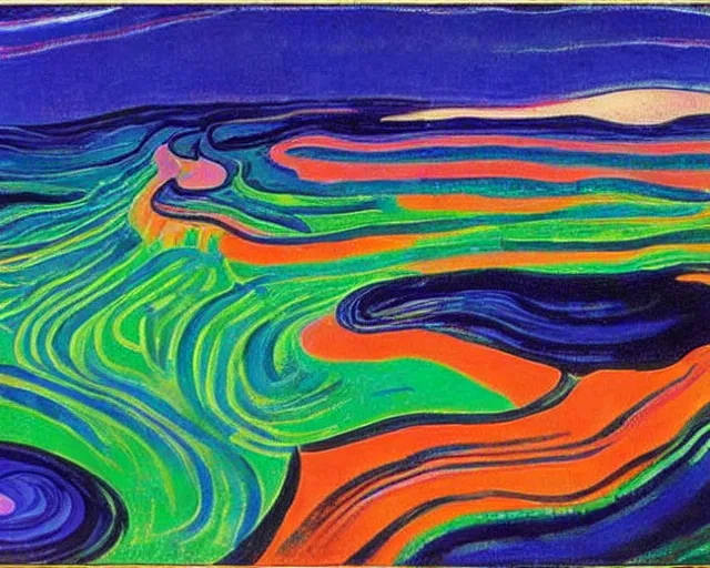 Image similar to Ocean waves in a psychedelic dream world. DMT. Curving rivers. Craggy mountains. Landscape painting by Edvard Munch. David Hockney. Wayne Thiebaud.