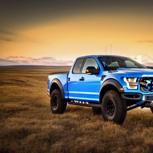 Image similar to a highly detailed photo of a ford raptor in alberta canada at sundown, 4 k high - resolution photograph, ultra detail, hd photo