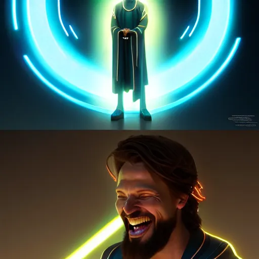 Image similar to tron legacy jesus laughing at church, diffuse lighting, hyper realistic, concept art, intricate, hyper detailed, smooth, sharp focus, illustration, trending on artstation, art by greg rutkowski and james gurney and alphonse mucha