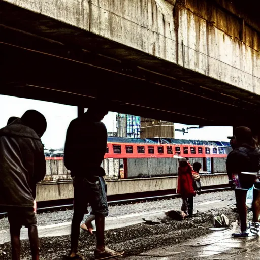 Prompt: poor people life under railway bridge, award winning, realistic, 2 0 0 0 p, hyper details, by steve mccury, best on adobe stock, cinematic, detailed place and people, 3 5 mm lens