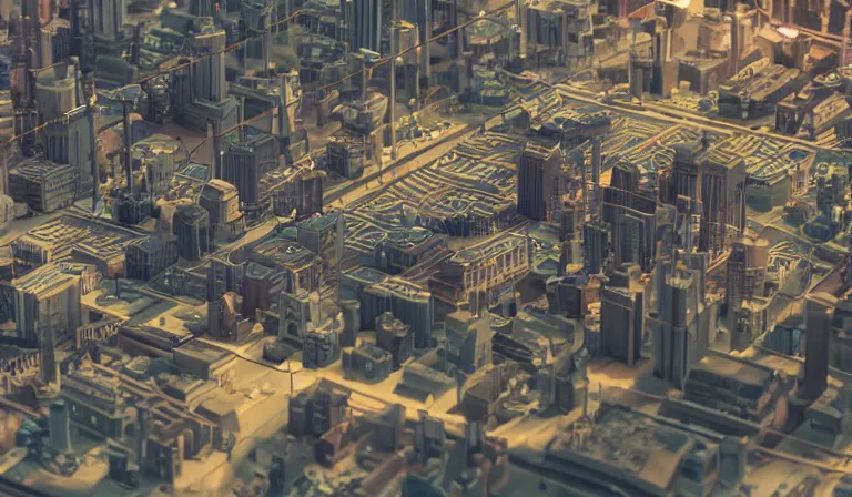 Image similar to large group people in simple warehouse, looking at hologram of futuristic downtown on a table, cinematic concept art, godrays, golden hour, natural sunlight, 4 k, clear details, tabletop model buildings, center model buildings, hologram center, crane shot, crane shot, crane shot, clear details, windows