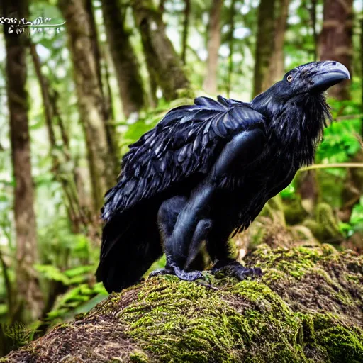 Image similar to werecreature crow, photograph captured in a forest