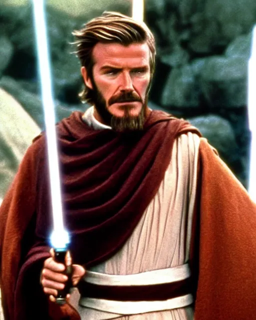 Prompt: David Beckham as Obi-Wan Kenobi in Star wars (1977) cinemascope and technicolor