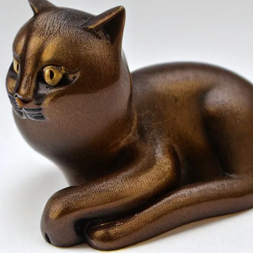Image similar to elegant seductive anthropomorphic cat figurine wearing a kimono, cast brown resin, toggles, very highly detailed, intricate, monotone, shy looking down