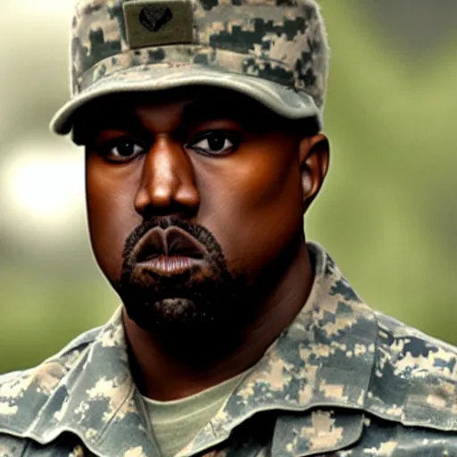 Image similar to kanye west as a us army soldier, cinematic lighting, photorealistic